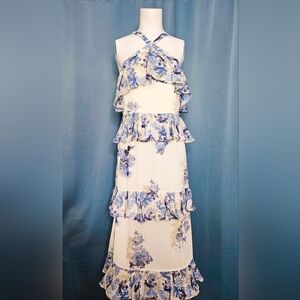 Gianni Bini Blue &‎ White Floral Ruffle Tiered Halter Lined Formal Dress Size 6